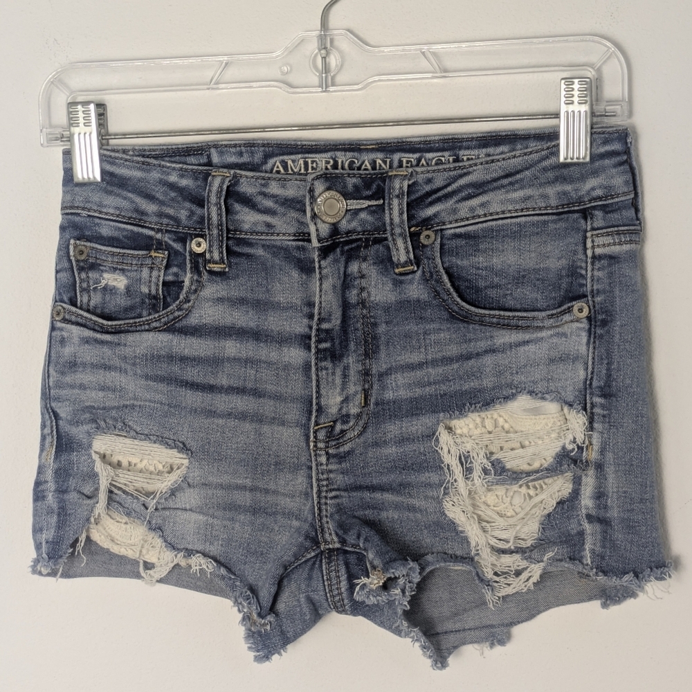 American Eagle Hi Rise Shortie Shorts 0 Distressed Next Level Stretch Women Lace - Picture 2 of 16
